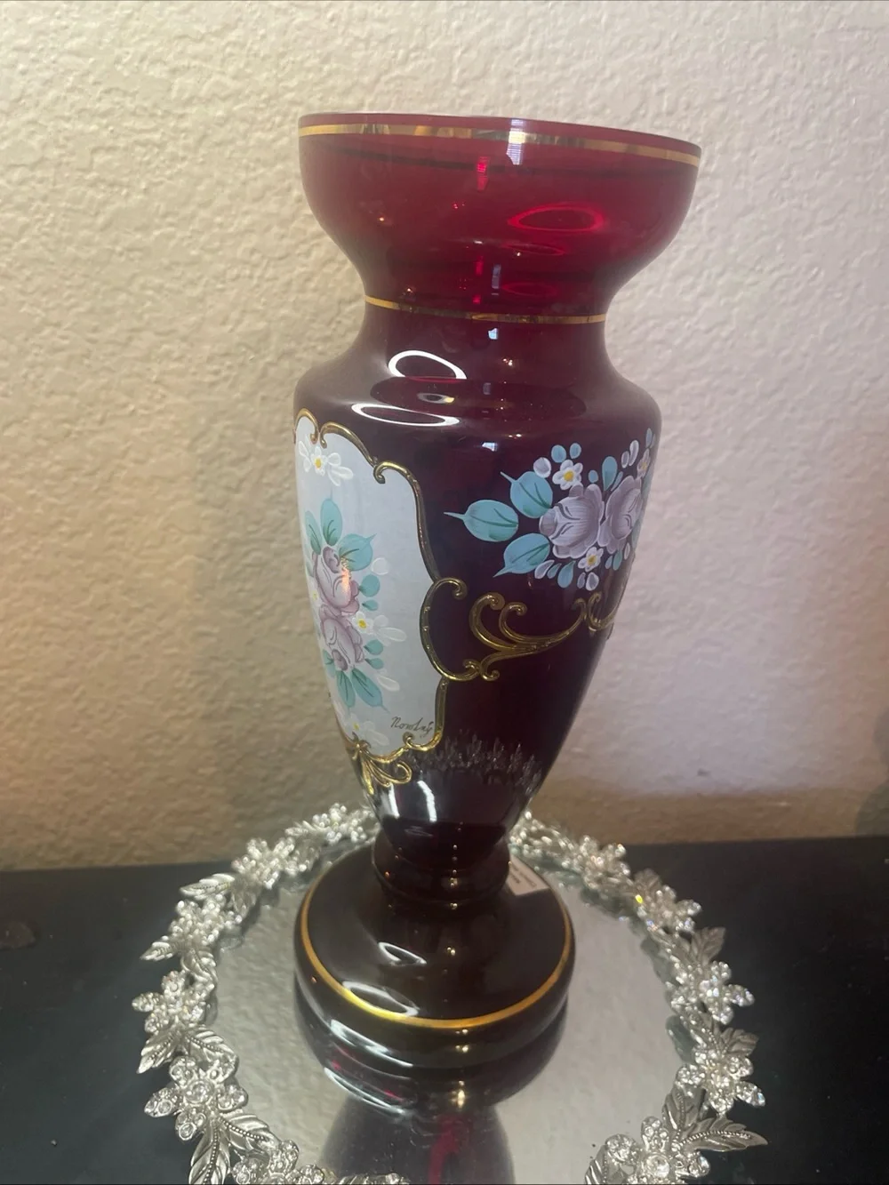 Gorgeous Bohemian Czech Republic Gilted Cranberry Glass 9” Royal Vase